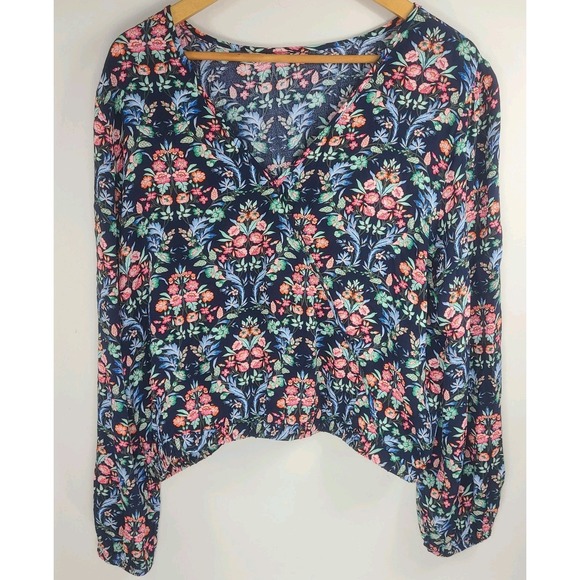 100% Pure Tops - LOFT Floral Rayon Wrap-Style Blouse Size L | Navy Floral V‑Neck Long Sleeve. EUC